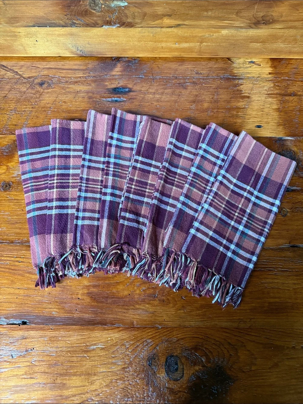 🍂 8 Plaid Fringe Set of Burgundy and Orange Cotton Napkins